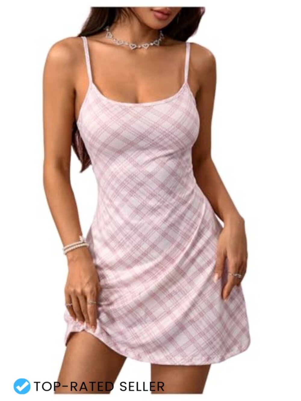 WDIRARA Women's Cami Dress Sleeveless Flared Hem Mini Plaid Dress